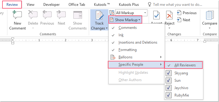  How to accept track changes from specific one user in Word document