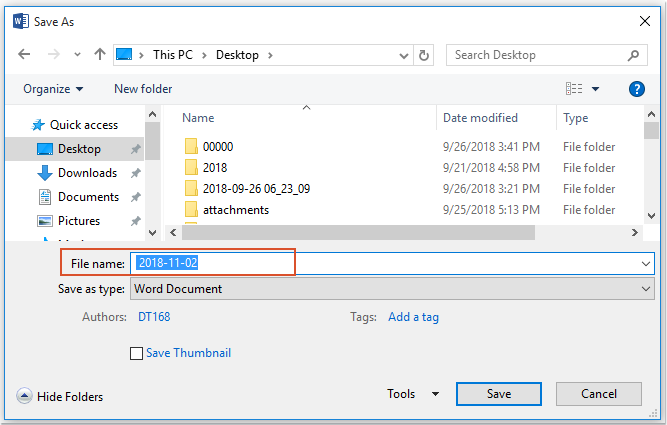 How to save Word document with current date in filename