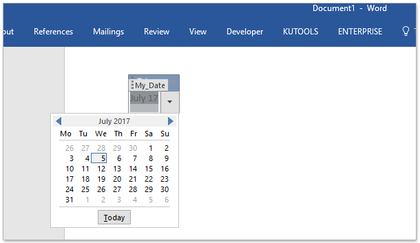 How to insert date picker showing current date by default in Word