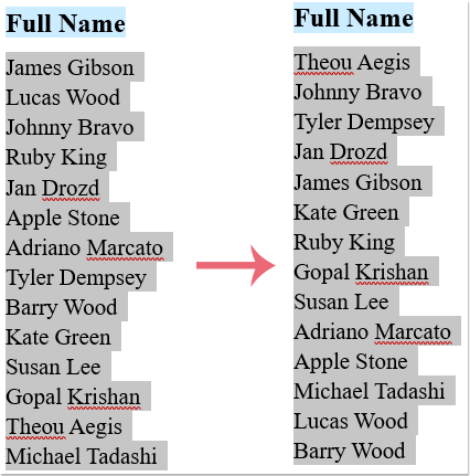 How to sort full names based on the last name in Word document