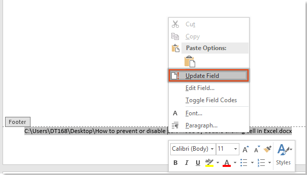 How to insert file path and name into documents footer or header in word