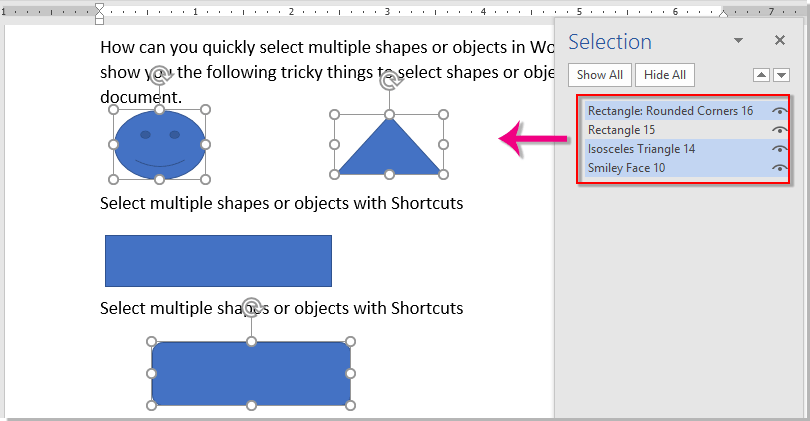How to select multiple shapes or objects in word