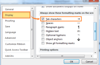 How to show or hide tab characters in Word?